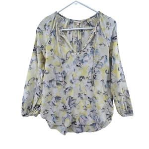 Rebecca Taylor Size 2 100% Silk Blouse Top Long Sleeve Floral Print Yellow Gray